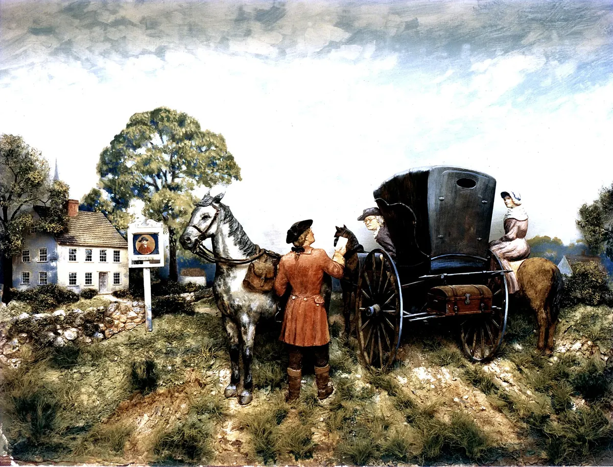 Federal Highway Administration illustration of travelers on the Boston Post Road in 1763