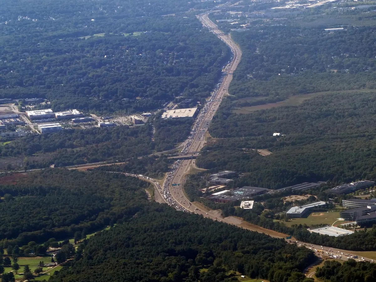 Aerial view of the I-95 and I-93 junction in Canton, Massachusetts, where Route 128 begins