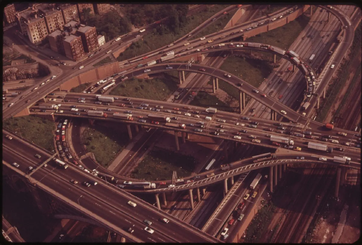 Aerial view of Cross Bronx Expressway interchange ramps, May 1973
