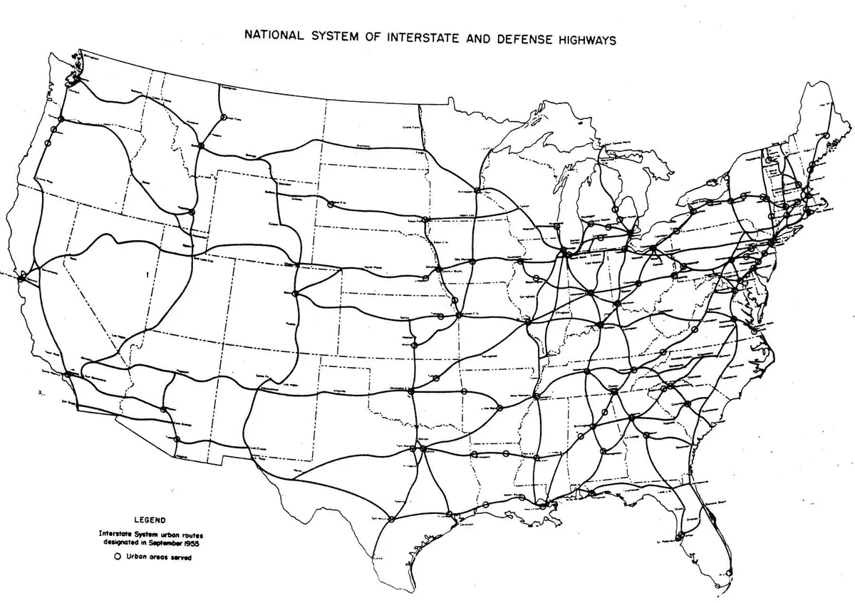The September 1955 “Yellow Book” map of the planned Interstate system