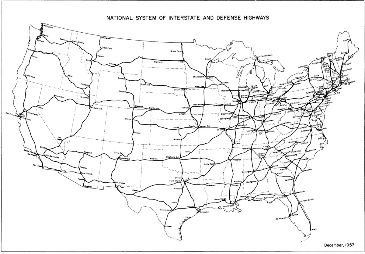 Official December 1957 map of the National System of Interstate and Defense Highways
