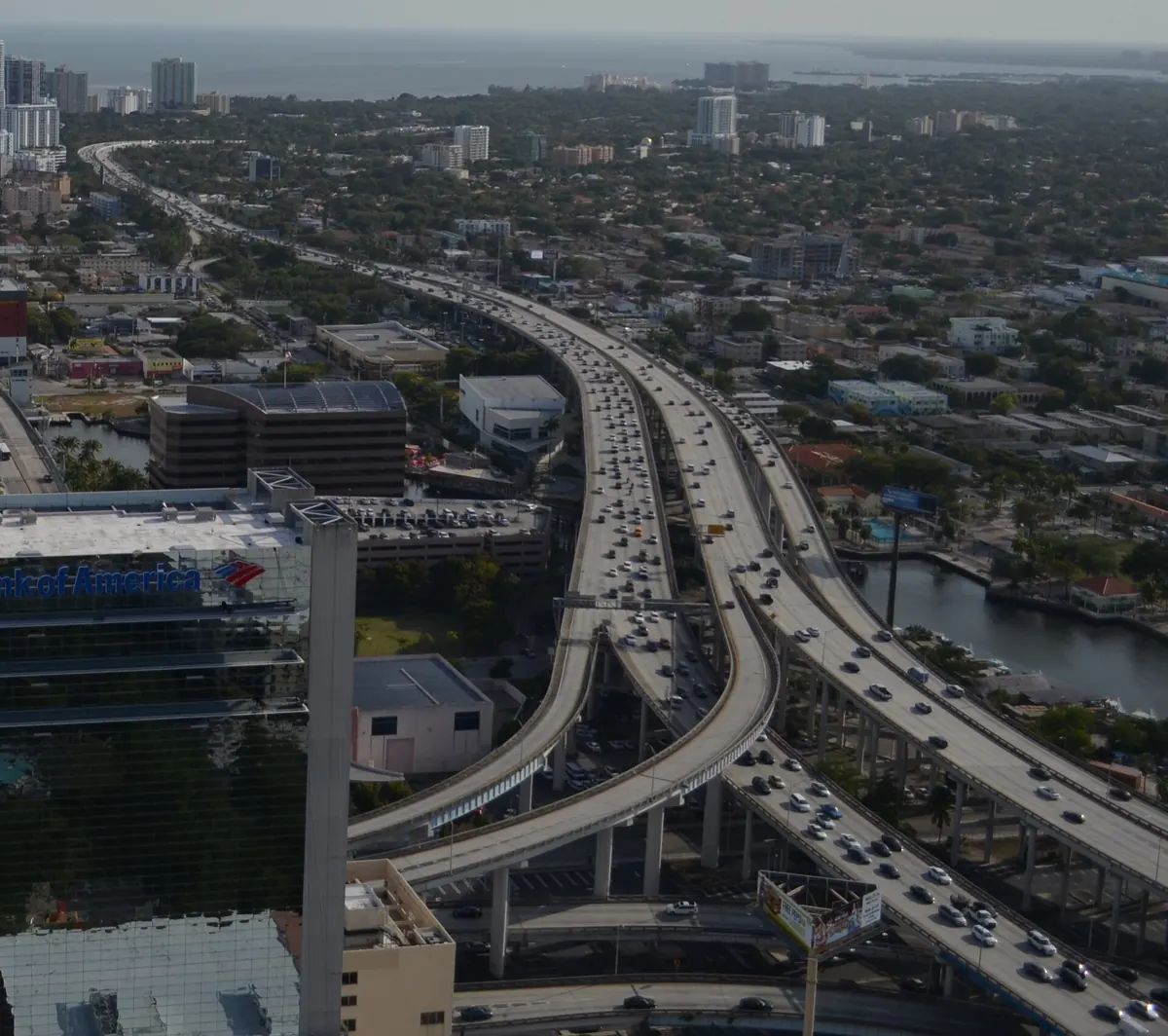 Aerial view of northbound I-95 traffic in downtown Miami, 2013