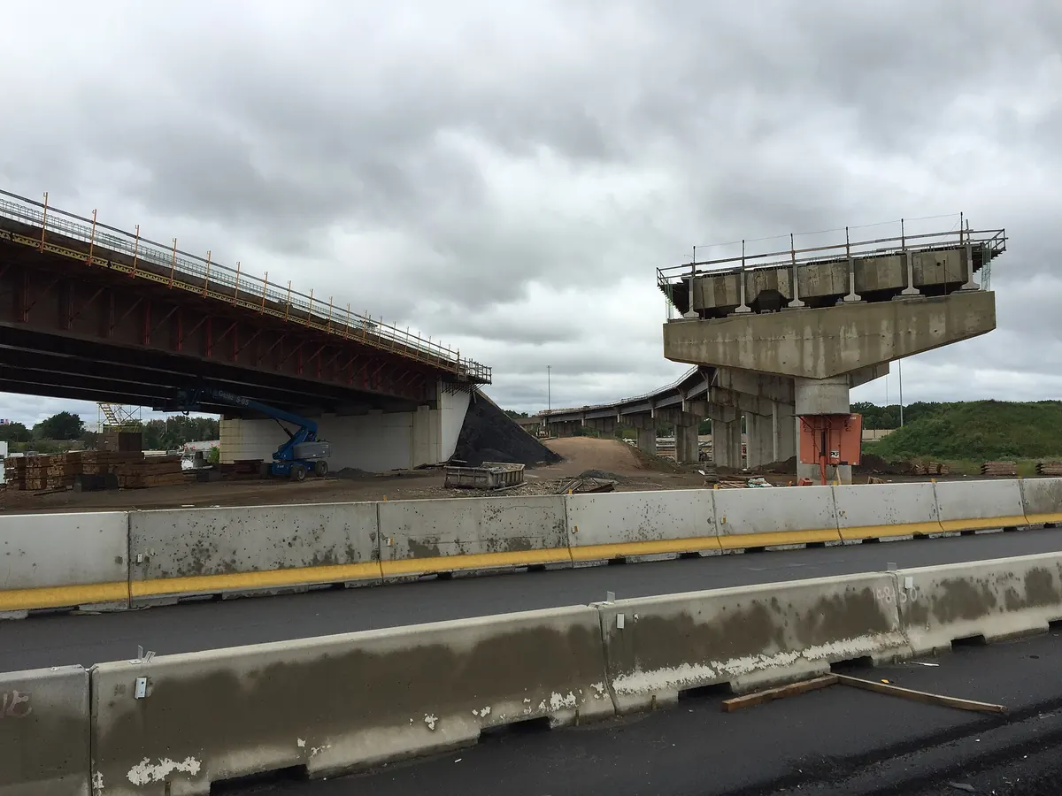 Ramps of the I-95 / Pennsylvania Turnpike interchange under construction in Bristol Township, 2017