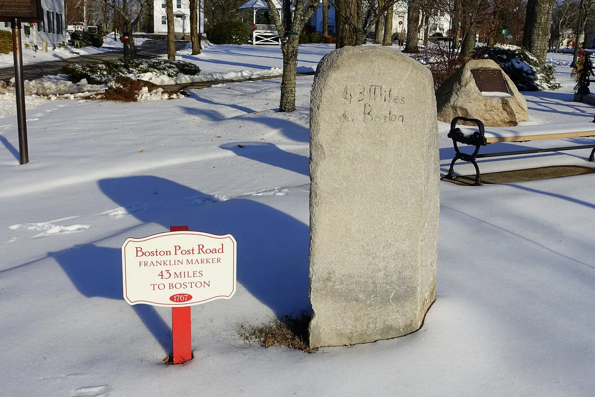 Colonial “43 Miles to Boston” Boston Post Road milestone in Shrewsbury, Massachusetts